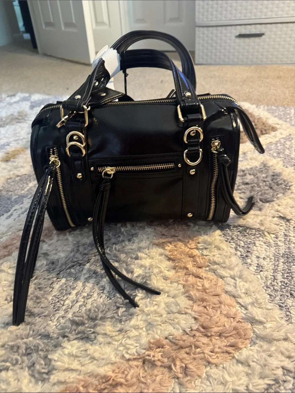 Madden NYC Black FAUX Leather Crossbody Satchel with Tassel Zippers